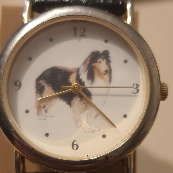 Wrap Accessories - Wrap Goltone/Black Leather Collie Dog Print Women's Watch